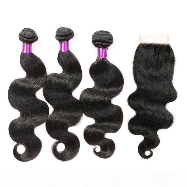 

body wave 3 bundles with 4x4 lace closure unprocessed brazilian virgin human hair weave bundles with closure middle three part, Black