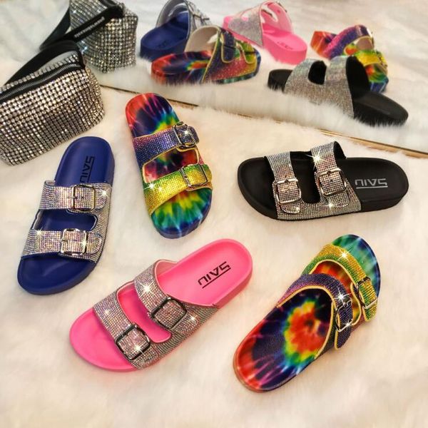 

rhinestone bling beach slides women slippers flip flops summer casual shoes crystal diamondsandals slip on flat footwear ing, Black