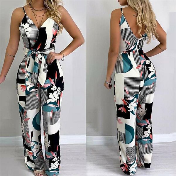 

women striped floral jumpsuits summer elegant straps v neck slim bodysuit bodycon harem playsuit wide leg rompers overalls, Black;white