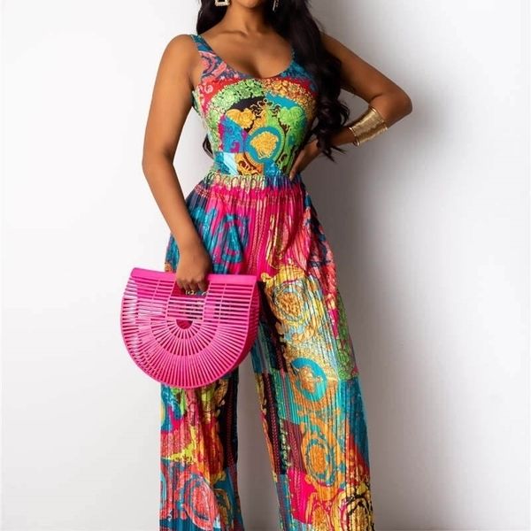 

women v-neck print spaghetti strap jumpsuits summer casual loose open back sleeveless floor-length jumpsuit y200422, Black;white