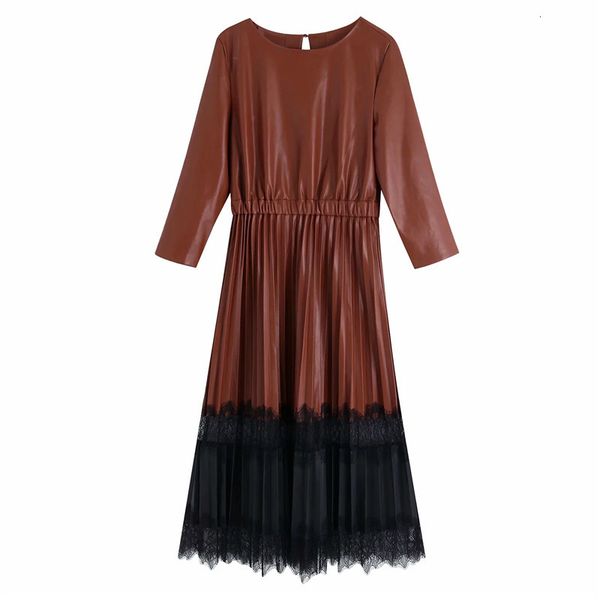 

new brown faux leather pleated women cut out patchwork lace long sleeve midi dress 2021 vintage elegant dresses wmyj, Black;gray