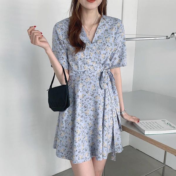 

bandage dress floral chiffon mini vestidos de festa curto a line summer elegant ladies dresses v neck korean blue party sukienki, Black;gray