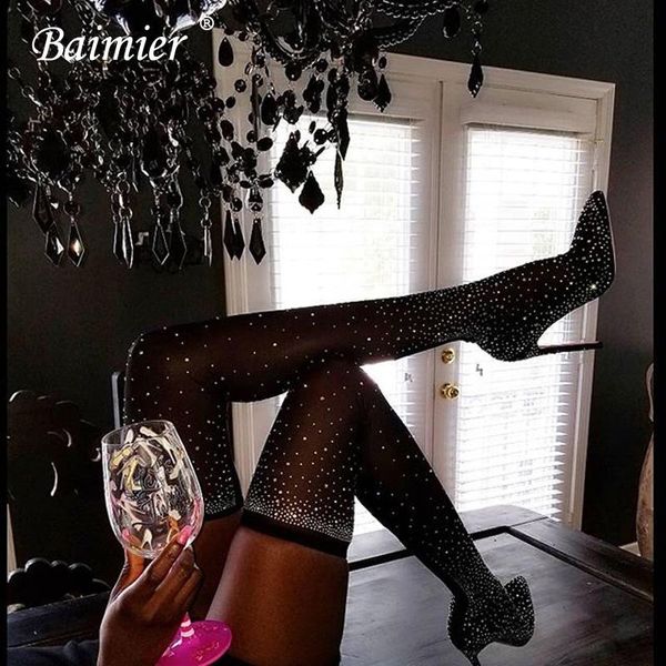 

boots baimier luxury bling rhinestone women sock over the knee pointed toe high heels winter, Black