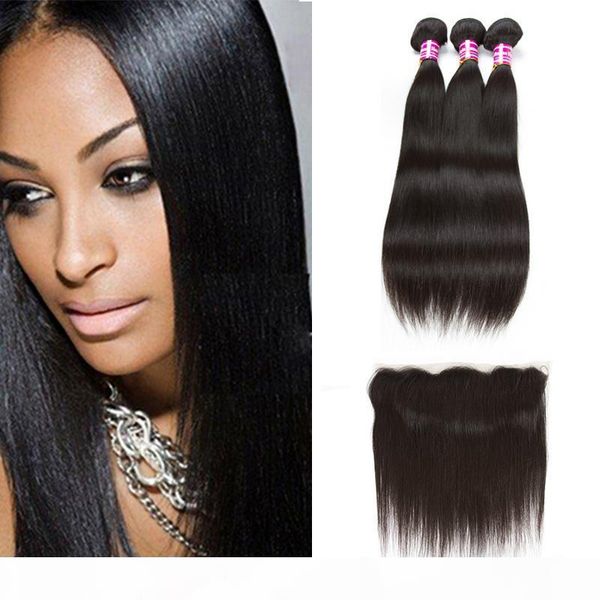 

unprocessed brzailian virgin hair straight human hair extensions wefts 3 bundles with 13x4 lace frontal peruvian malaysian hair products, Black;brown
