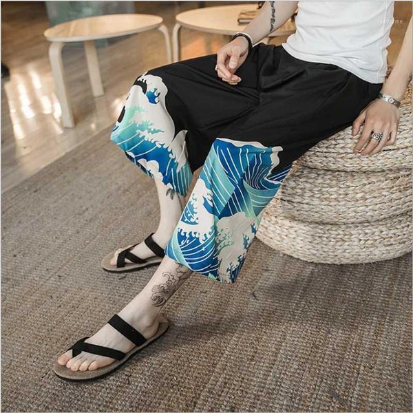 

men's shorts man wide leg pants japanese style harajuku ukiyo wave print casual elastic cartoon leisure loose harem trousers1, White;black