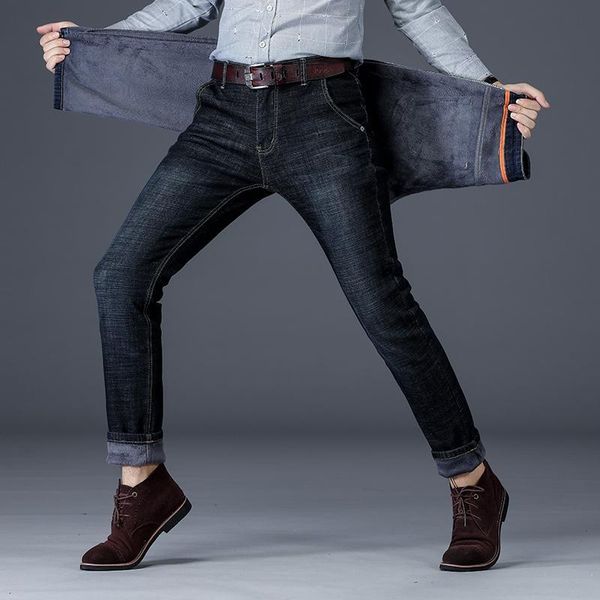 

cotton jeans men fashion business style black blue plus velvet denim pants elasticity trousers male kg-55