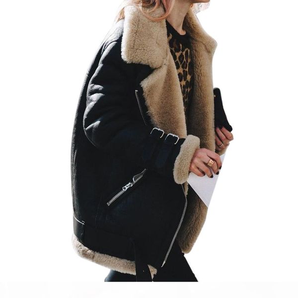 

fashion ladies warm fleece lamb wool coat women motorcycle jacket 2018 winter faux suede fur coats female lapel zipper overcoat, Black