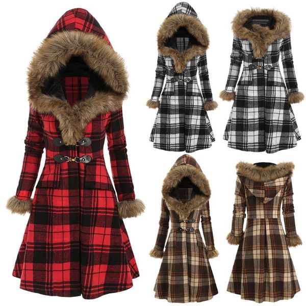 

womens vintage stripe plaid faux fur coat casual plus size 5xl long sleeve faux fur hood longline coat manteau femme 2020 @45, Black