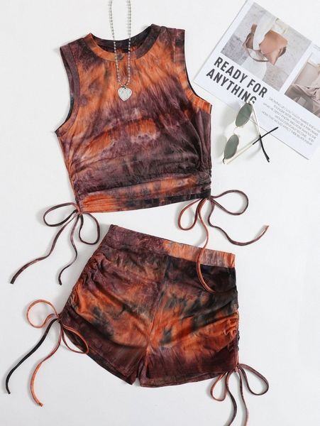 

ruched drawstring tie dye tank & shorts set h8do#, White