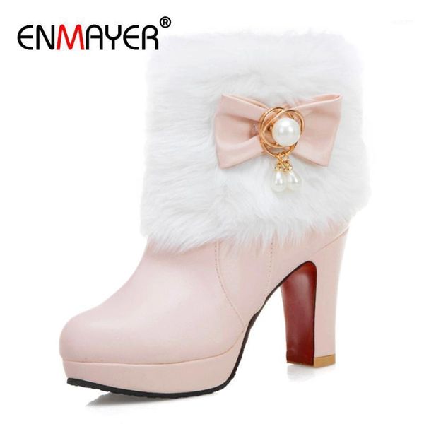 

boots enmayer pearl round toe super high women shoes pu autumn ankle solid short plush metal decoration square heel1, Black