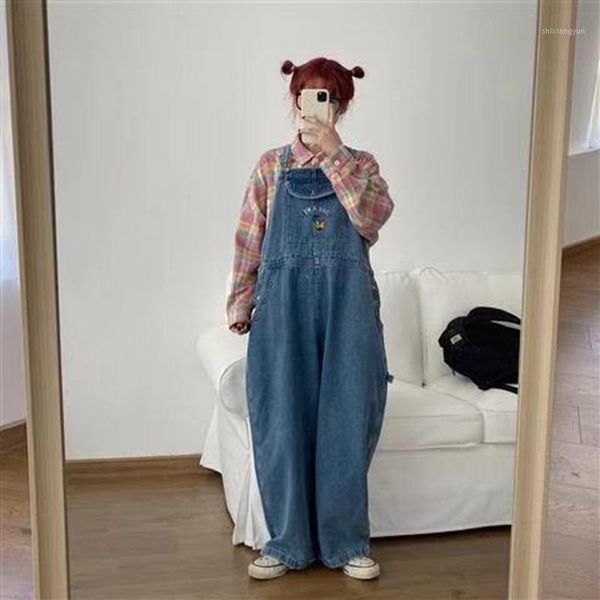 

winter women denim jumpsuit japanese loose cartoon embroidery pattern school style pure color korean overalls oversize pants1, Black;white