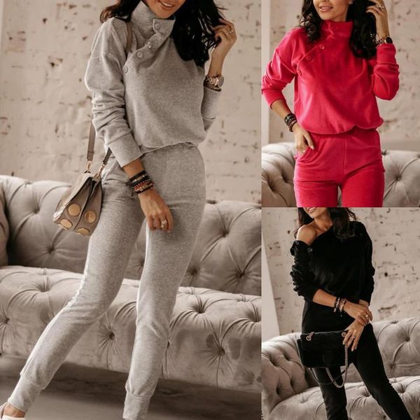 

women long sleeve turtle neck buttons blouse sweatshirt pants tracksuit outfit, Gray