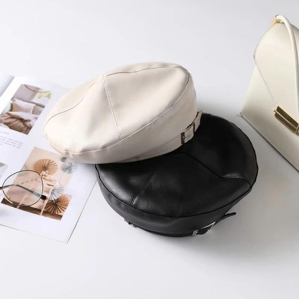 

black pu beret female england retro fashion korean soft leather flat japanese couple painter hat, Blue;gray