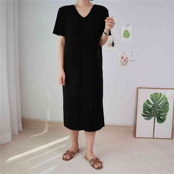 

summer v-neck short-sleeved knitted elegant female summer dress korea lazy style large size loose retro chic ladies dress, Black;gray