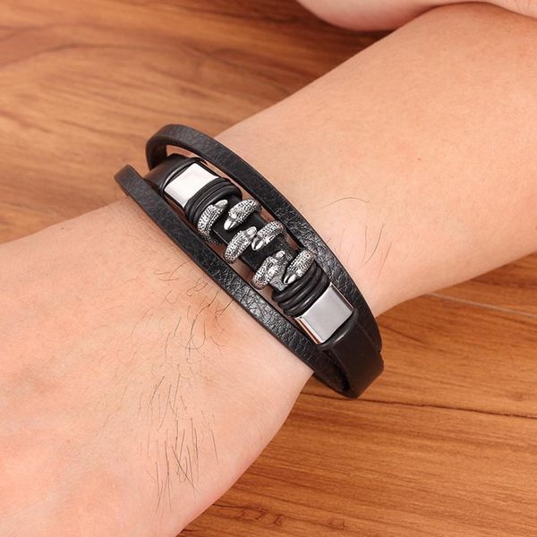 

multi-layer accessories men's stainless steel leather bracelet paw design punk style magnet button jewelry for birthday gift sqcbdu, Golden;silver