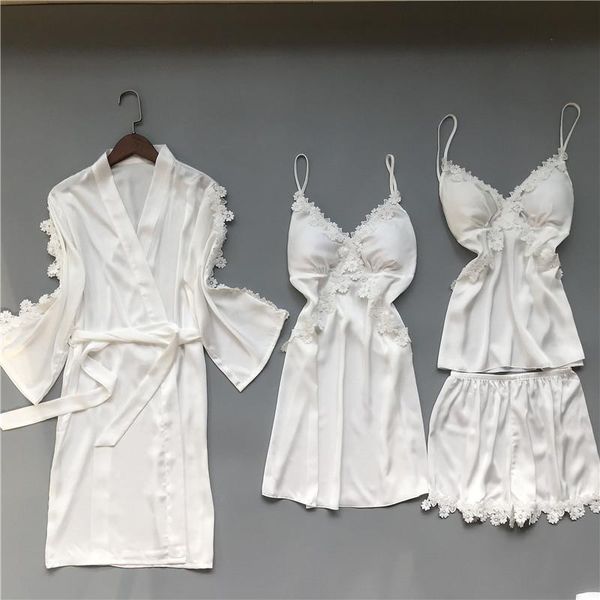 

women's robe & gown sets lace bathrobe + night dress 4 four pieces sleepwear womens sleep set faux silk robe femme lingerie, Black;red