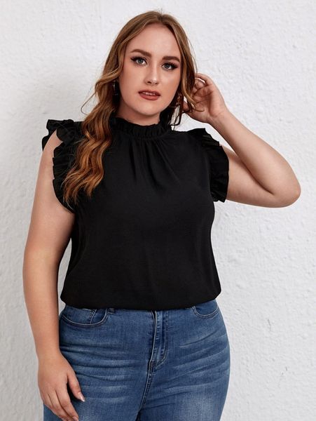 

plus mock neck ruffle trim blouse n8pb#, Black