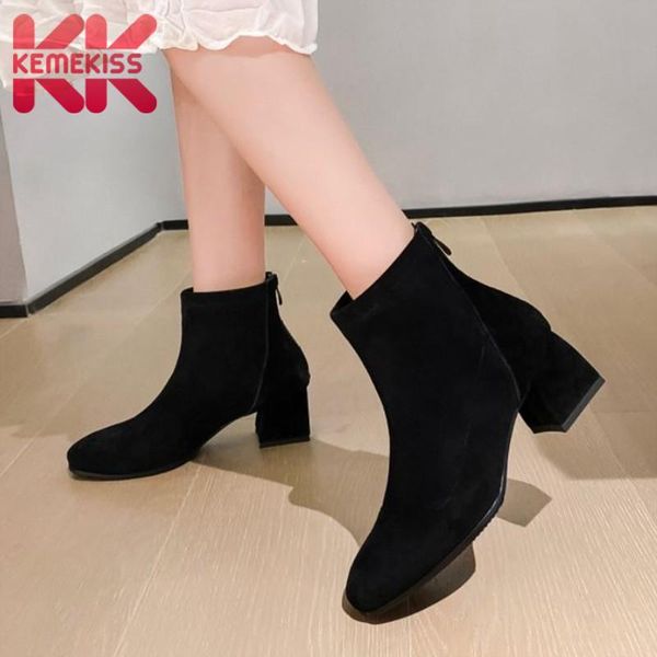

boots kemekiss size 33-43 woman high heel genuine leather zipper ankle fashion simple winter shoes footwear, Black