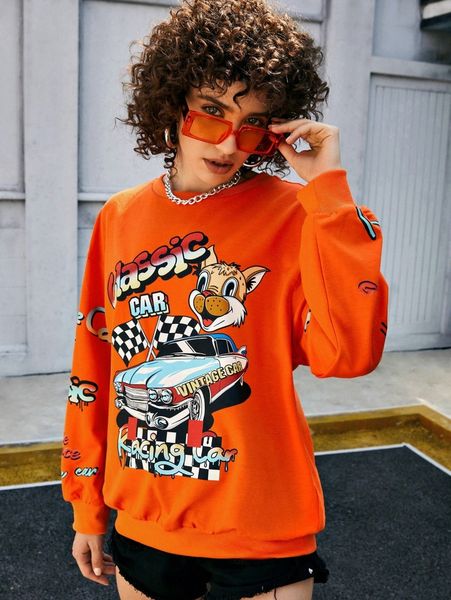 

drop shoulder letter & car graphic sweatshirt s9ct#, White;black