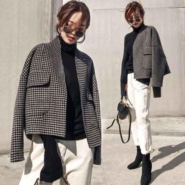 

women's wool & blends 2021 winter manteau femme women's plaid coat jacket women female thicken outwear coat1, Black