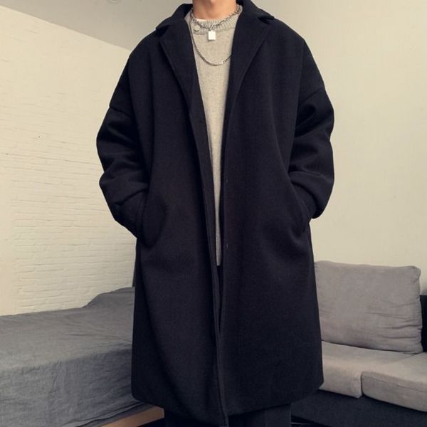 

new 2021 autumn winter pure fine long wool coat lapel male youth wear bpo7, Tan;black