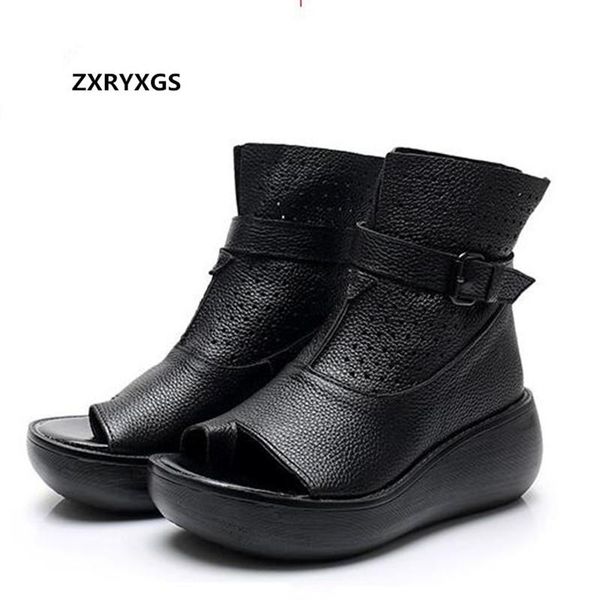 

zxryxgs roman style women summer sandals 2021 new platform wedge boots casual shoes women sandals fashion real leather, Black