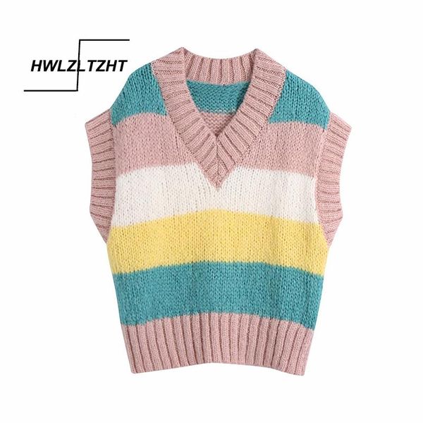 

hwlzltzht women 2021 sweet fashion cropped cable-knit sweater vintage v neck sleeveless female waistcoat stripe chic, Black;white