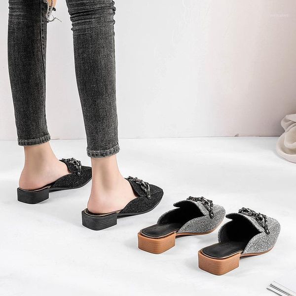 

summer slippers shoes women 2020 casual high heel square closed toe mules wild sequins flip flops outdoor slides sandals1, Black