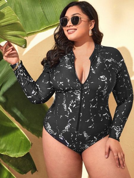

plus allover print zip front one piece swimsuit 55g3#, Black