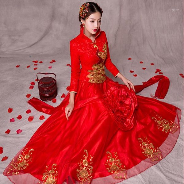 

red wedding cheongsam embroidery women dress evening dress modern chinese tradition bride traditions robe orientale1