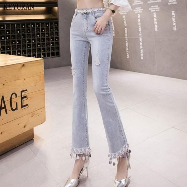 

2021new spring autumn fashion women hole tassel denim jeans high-waist flare pants for women jeans vintage female pant capris, Blue