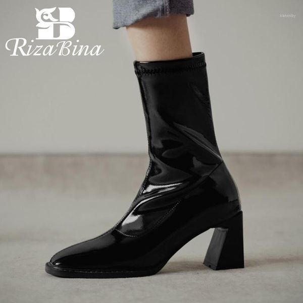 

boots rizabina women mid calf thick heel zipper shoes patent leather square toe warm fashion footwear size 33-401, Black