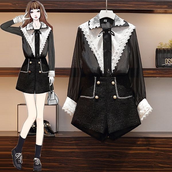 

u57o0 suitlace женской одежда новые кружев шифон рубашка шерстяная в западном стиле младшего сет шорты костюма брюки большой yhk setearly ос, Gray
