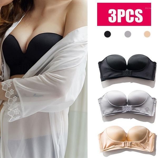 

3pcs women strapless bra front buckle push up bra lingerie backless brassiere seamless female underwear bralette women underwear1, Red;black