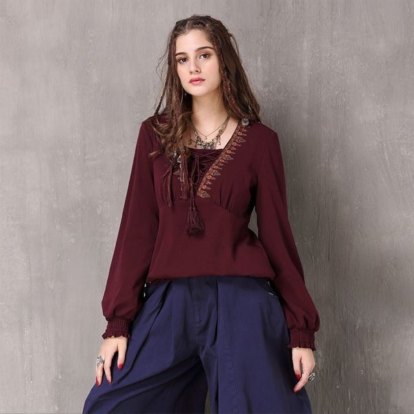 

women's autumn 2020 new embroidered long sleeve nationalityembroidery nationalitynational style v-neck lace up oversized t-shirt 923, White