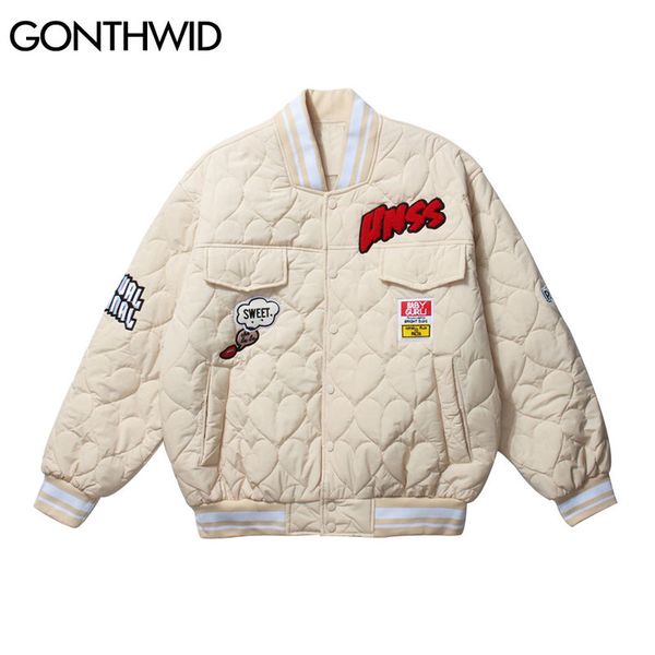 

striped bomber baseball jackets streetwear hip hop front pockets patch cotton padded coats casual stand collar outwear kg-80, Black