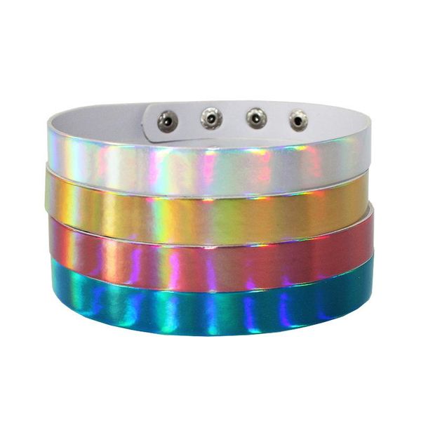 

new fashion harajuku handmade colorful choker laser light necklace punk leather collar chocker necklace, Golden;silver