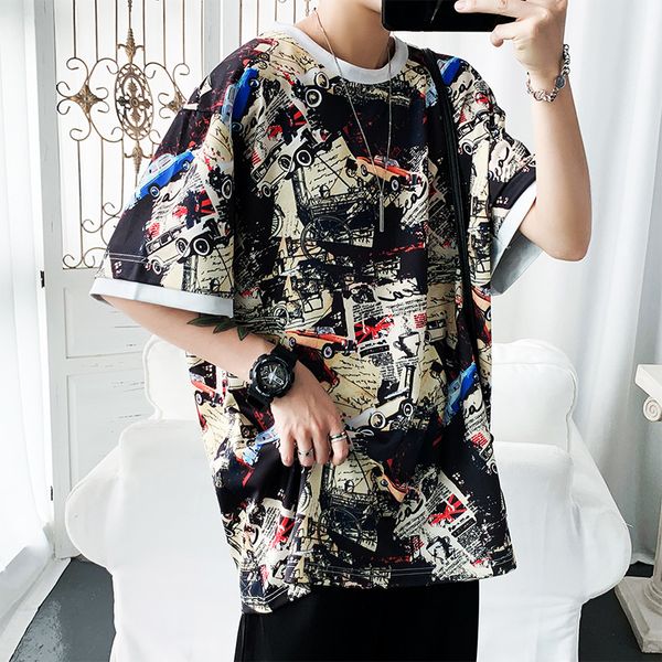 

2021 the new summer new men's sleeve graffiti printed around neck hip back short 5xl shirt m19b, White;black