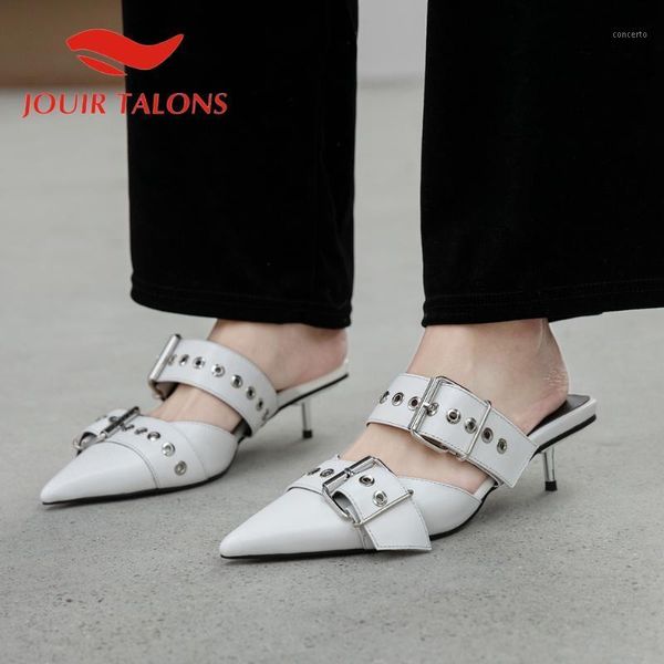 

jouir talons 2020 new arrivals punk genuine leather women mules sandals thin heel pointed toe metal decoration dress women shoes1, Black