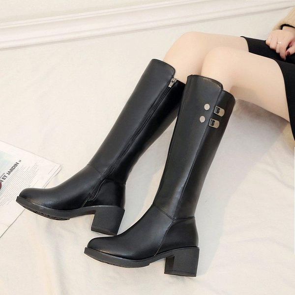 

naichen women's long round toe boots all-match high-heeled plus fleece side zipper thick-heeled knight boots motorcycle, Black