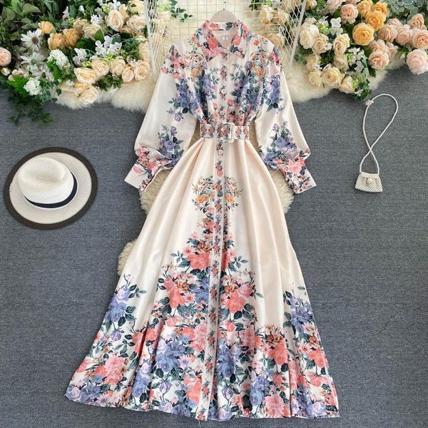 

2020 new fashion women's clothing turn-down collar full print ankle-length dress dresses1, Black;gray