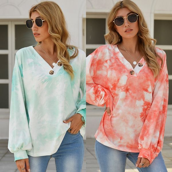 

2020 autumn and winter new women's tie-dyed printed sweater shirt loose v-neck long-sleeved shirt women's sweater sb0ie, Black