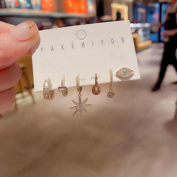 

high-end mixed styles geometric evil eye star dangle earrings set gold color cubic zirconia earrings for women, Silver