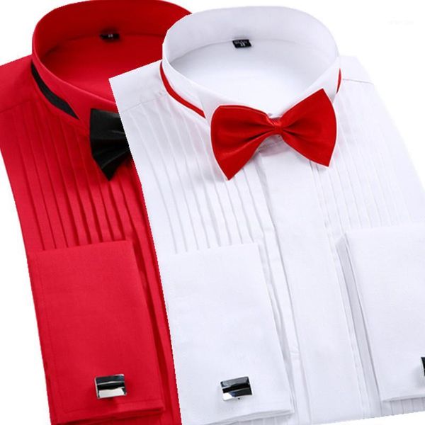 

men's french cuff tuxedo shirt solid color wing tip collar shirt men long sleeve dress shirts formal wedding bridegroom1, White;black