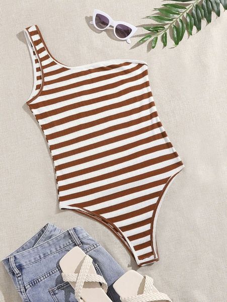 

plus one shoulder striped bodysuit 23po#, Black