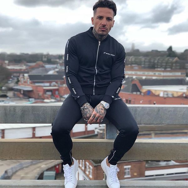 

autumn men's sports zipper jacket standing collar embroidered letter brand sweatshirt male new fashion mens, Black