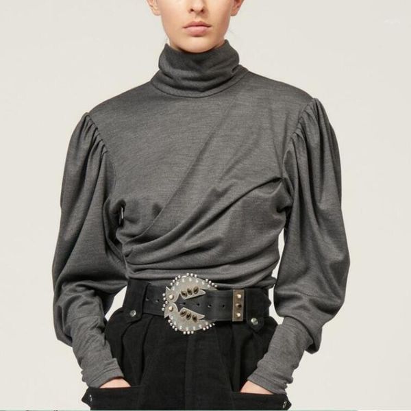 

women's turtleneck shirt long sleeve pleated shirt with buttons 2020 spring autumn blouse bottom dark gray1, White
