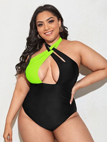 

plus color block cross halter one piece swimsuit d4xm#, Black