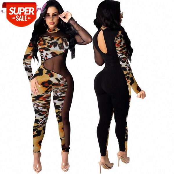 

leopard print sheer mesh patchwork jumpsuit women turtleneck long sleeve see through party club rompers outfit overalls #yb94, Black;white