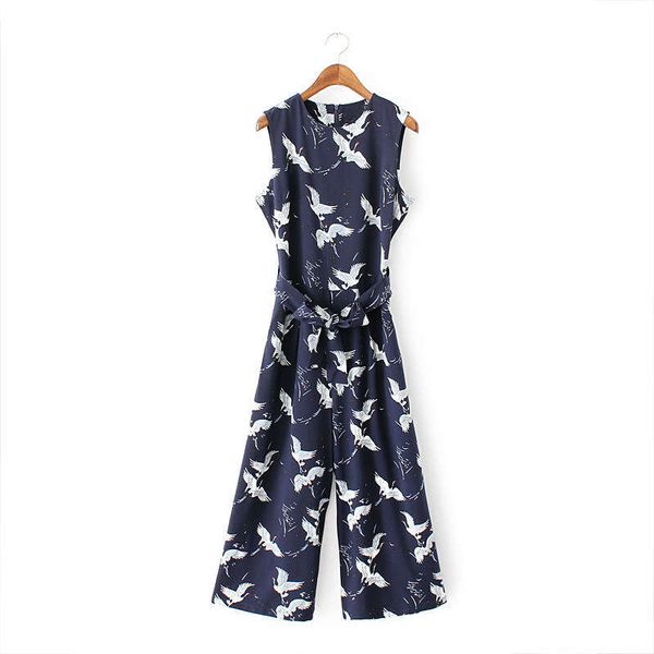 

women's crane printed jumpsuit with lace up and wide leg waist, Black;gray